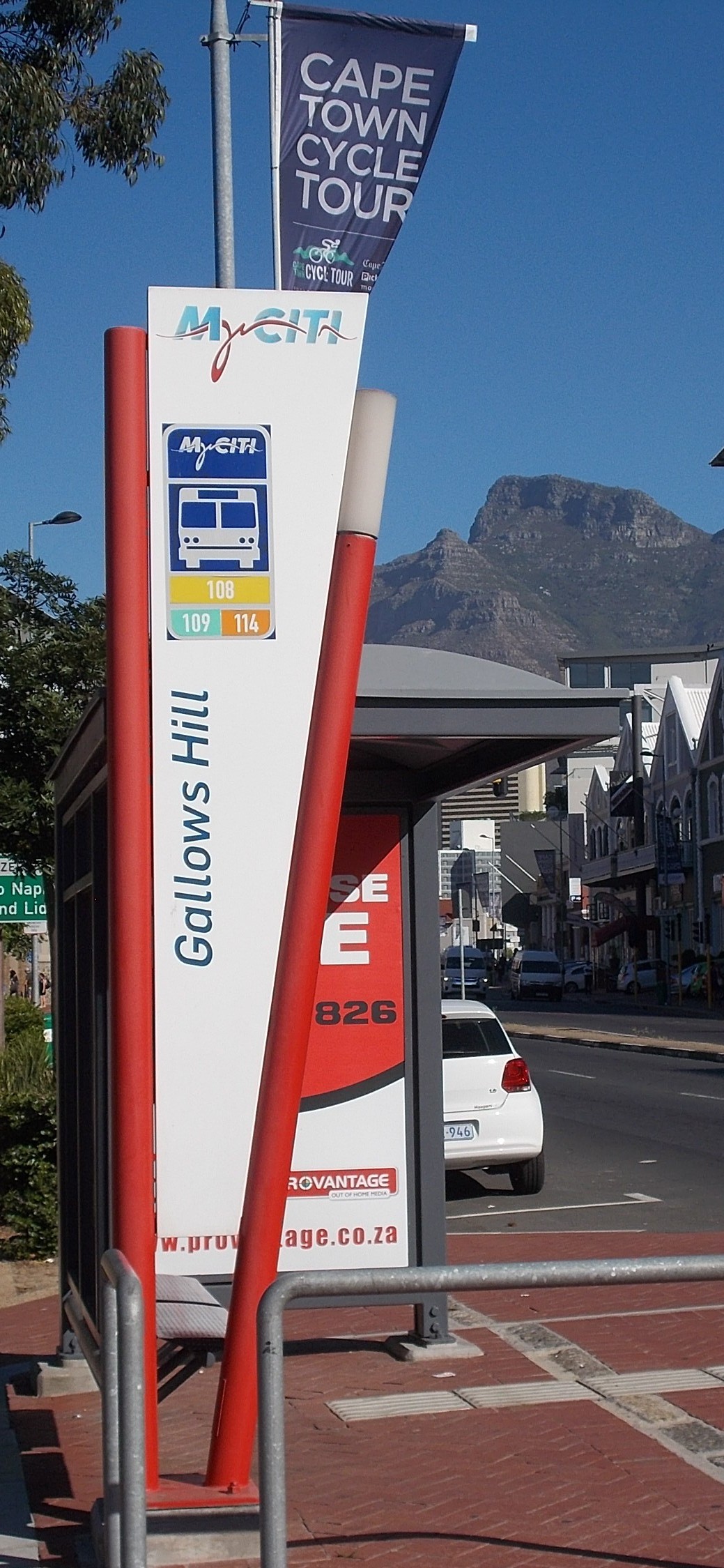 MyCiTi bus stop in Somerset Road, Green Point, Cape Town regularly used by English language learners.
